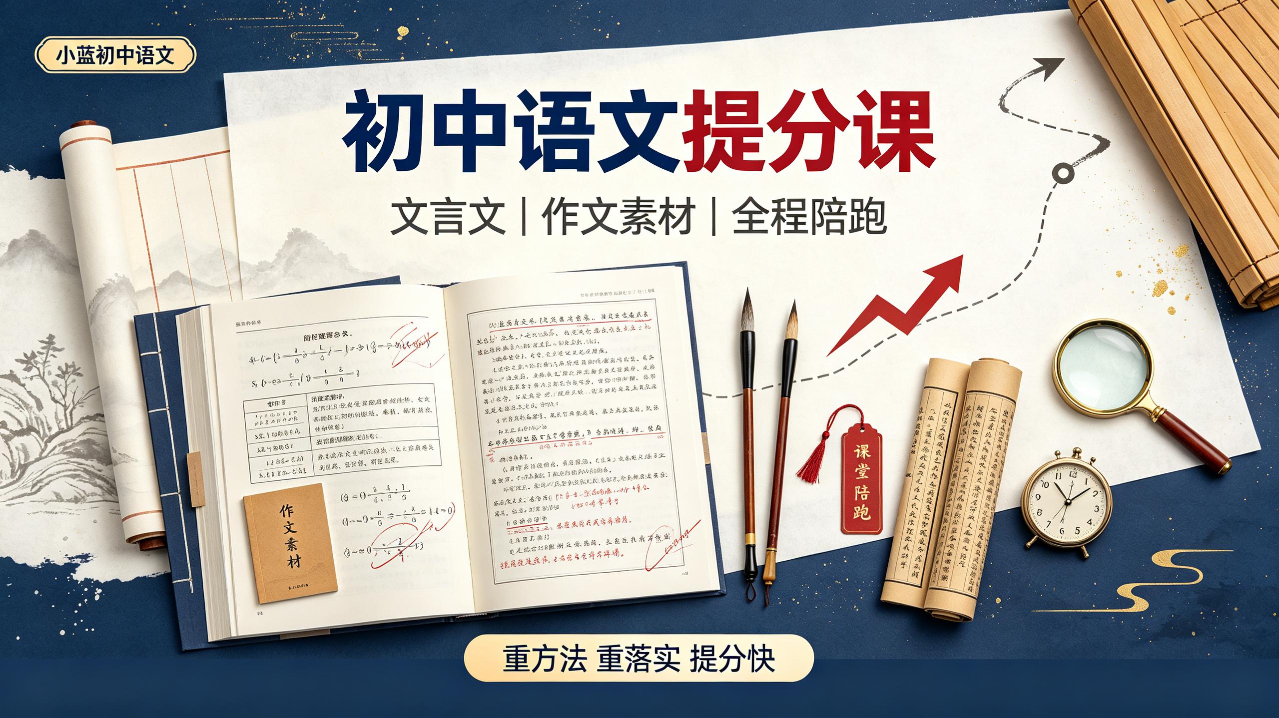 资源《【小蓝初中语文】课程(主打“阅读公式 + 文言文精讲 + 作文素材模板 + 全程陪跑”，重方法、重落实、提分快)》的海报