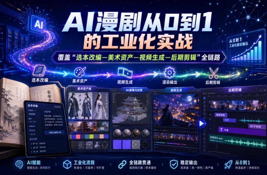 资源《AI漫剧从0到1的工业化实战，覆盖“选本改编—美术资产—视频生成—后期剪辑”全链路课程》的海报