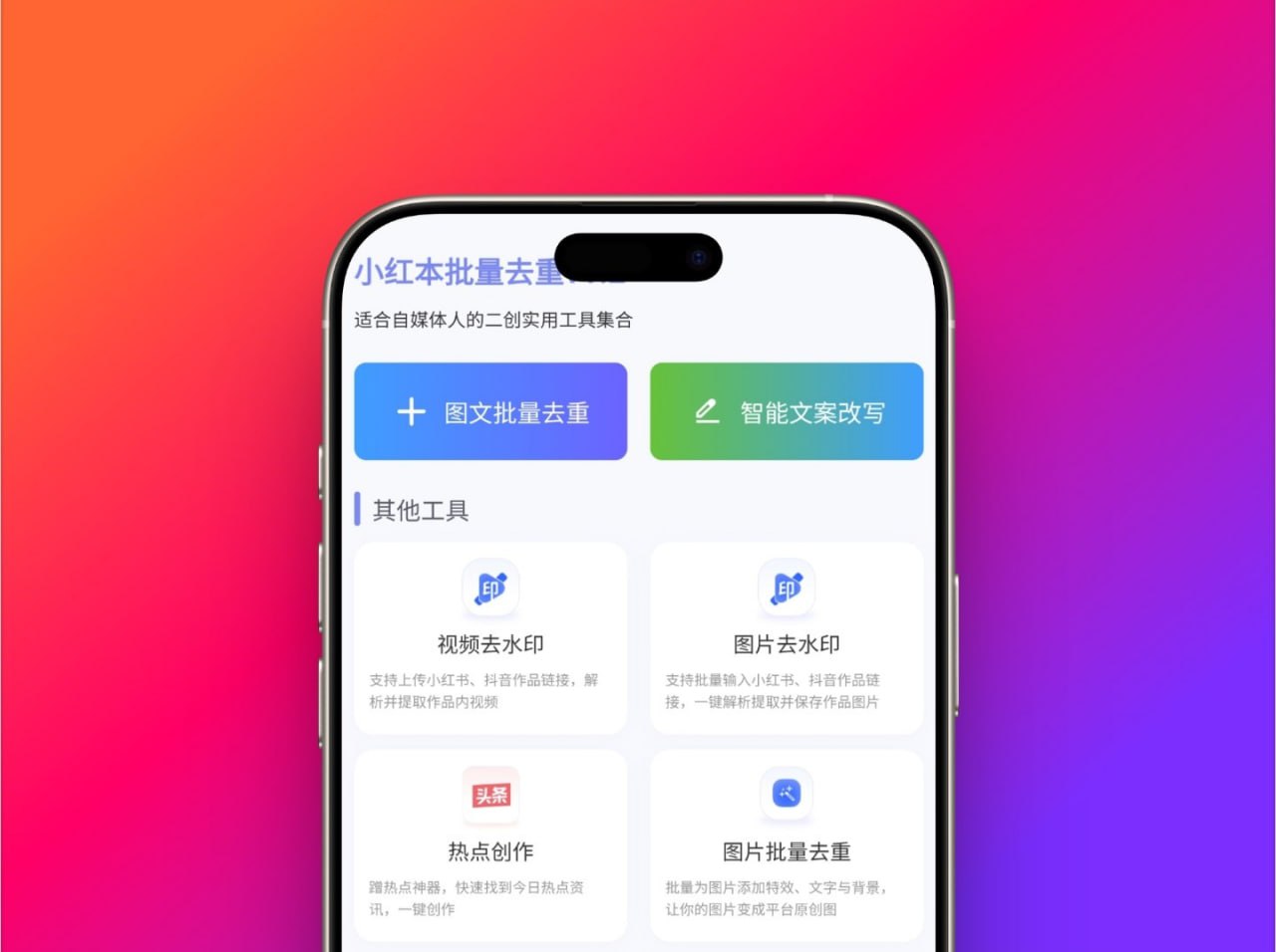 资源《小红书批量去重 - 无广告纯净版自媒体人专属改图改文神器》的海报